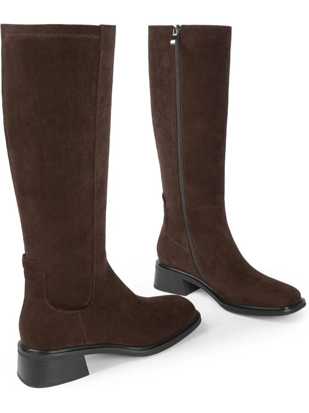 Women's Chocolate Faux Suede Square Toe Knee High Stretch With Side Zipper Boots